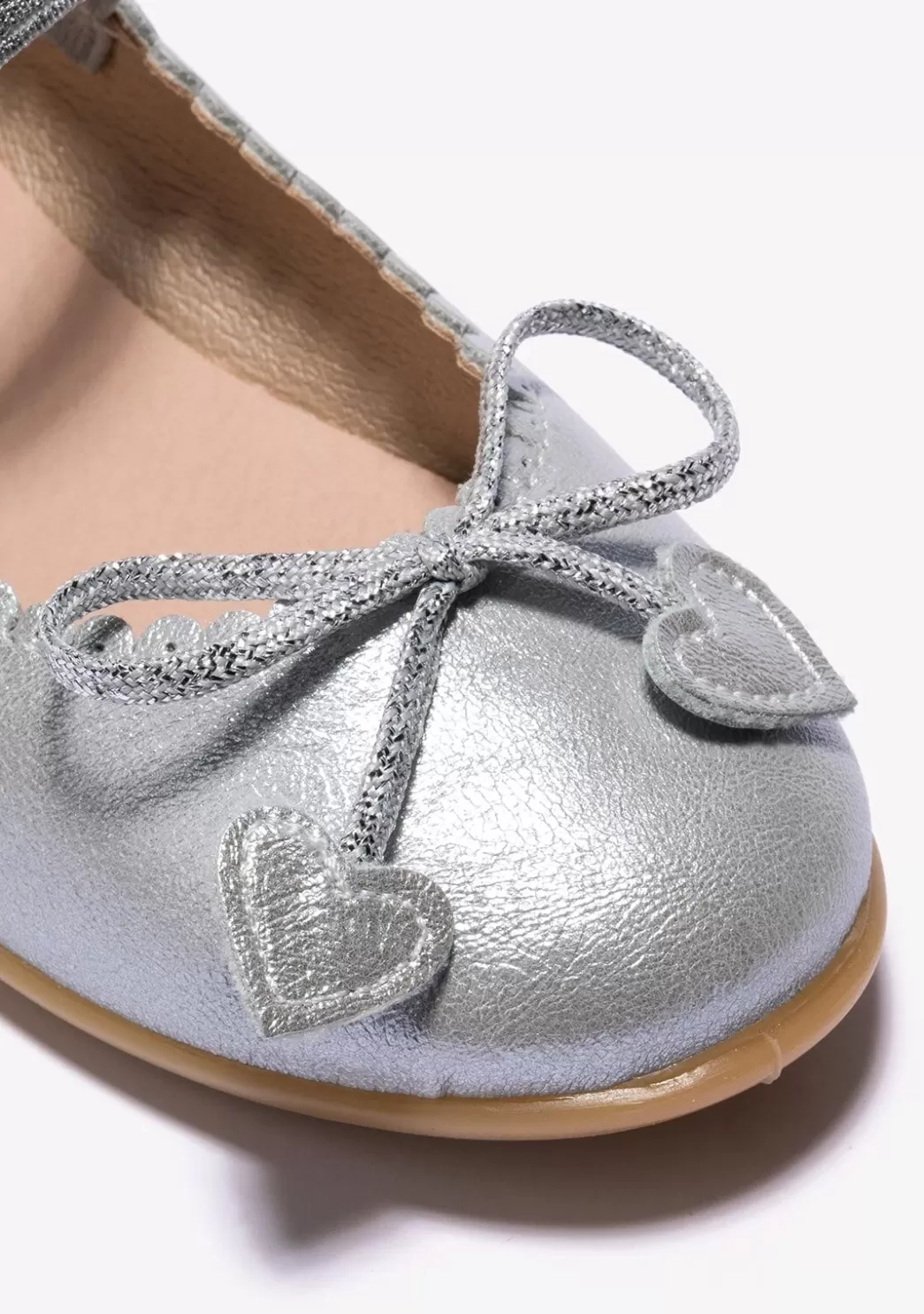 Clearance Bailarinas De Niña Lazo Corazones Metalizado Plata Zapatos De Ceremonia | Bailarinas