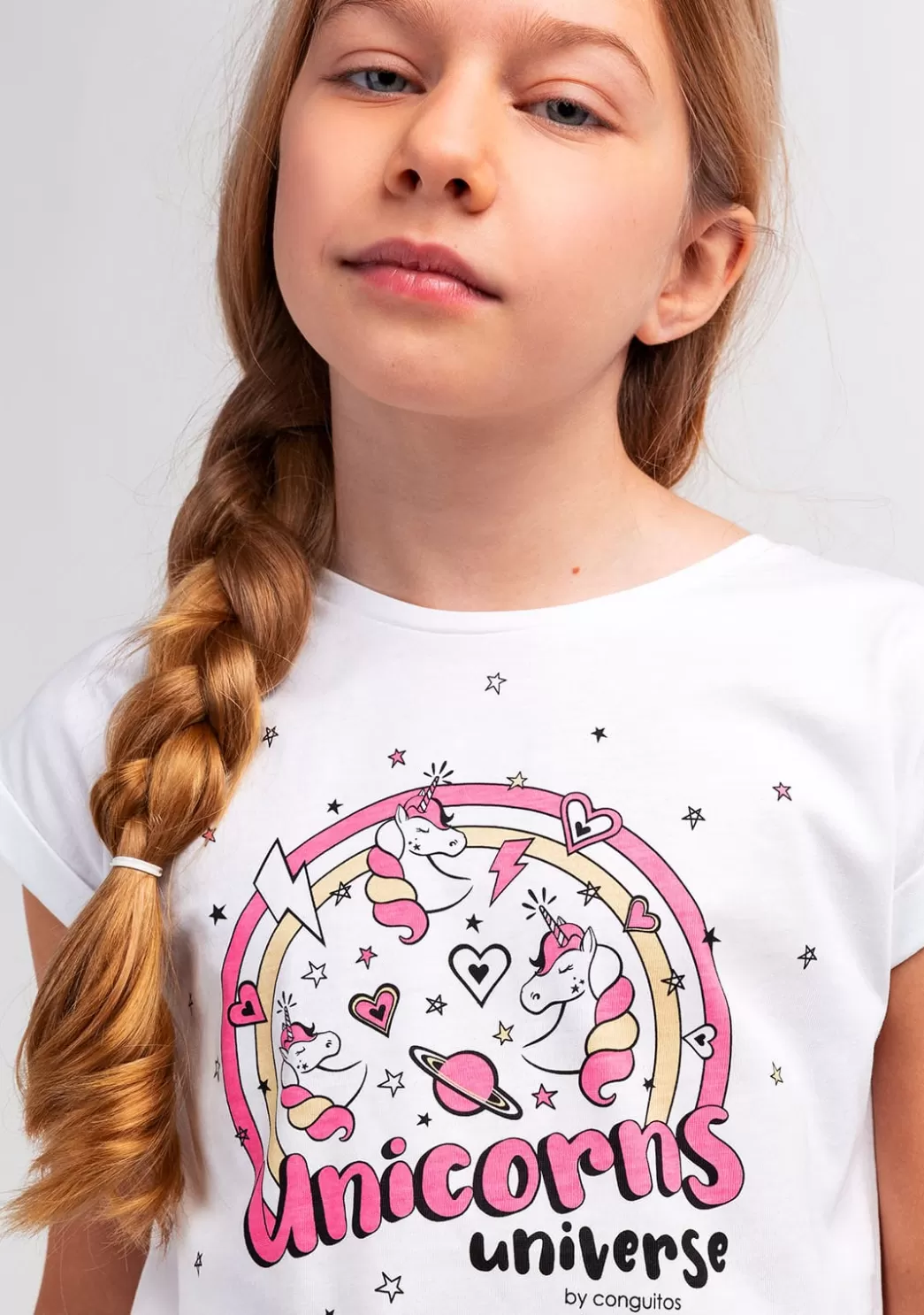 Cheap Camiseta Niña Estampado Unicornio Solar Reactivo Blanco Camisetas