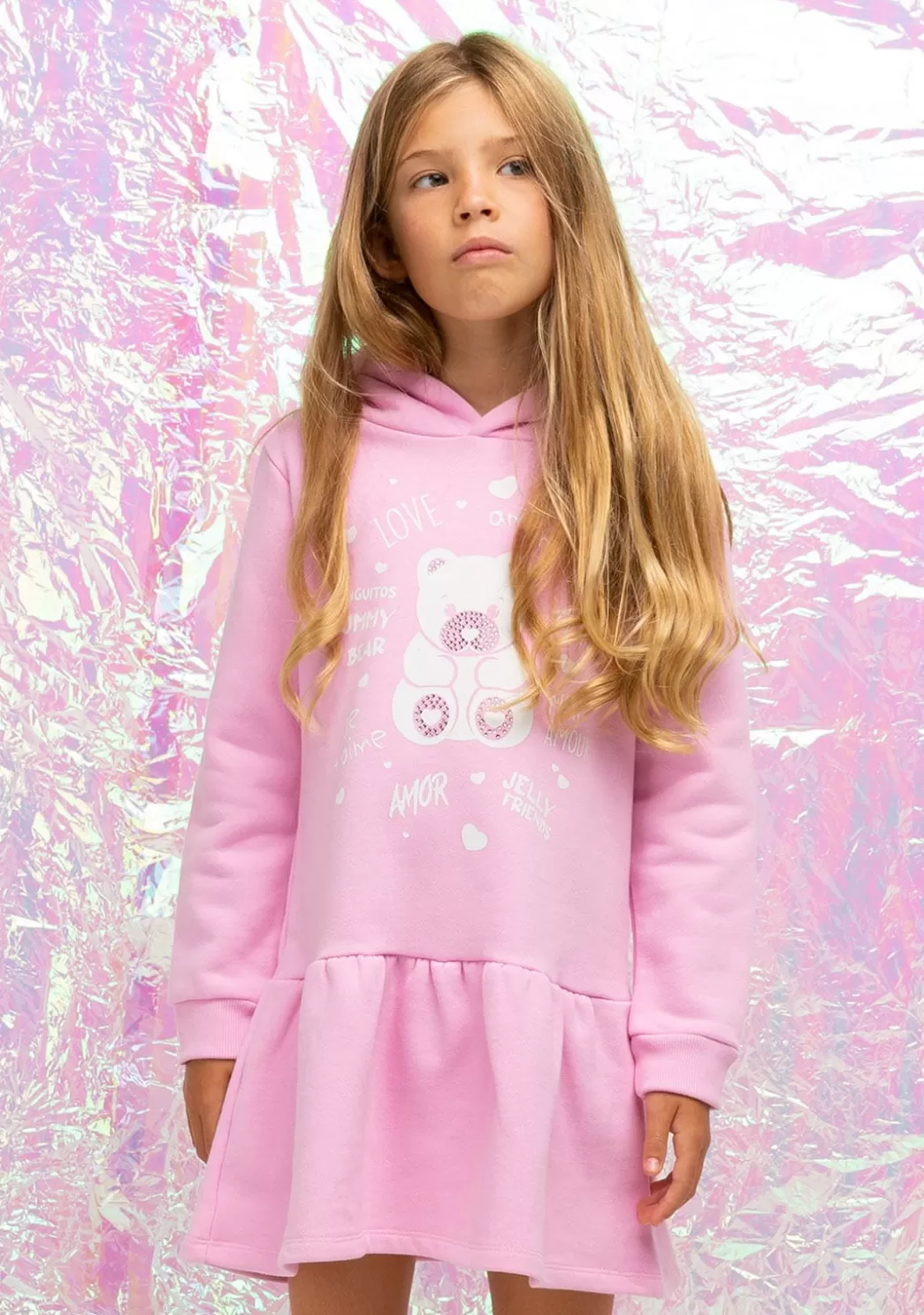vestido_nia_capucha_osito_pedrera_rosa_4.webp Cheap Vestido Niña Capucha Osito Pedrería Rosa Vestidos Sudadera | Vestidos